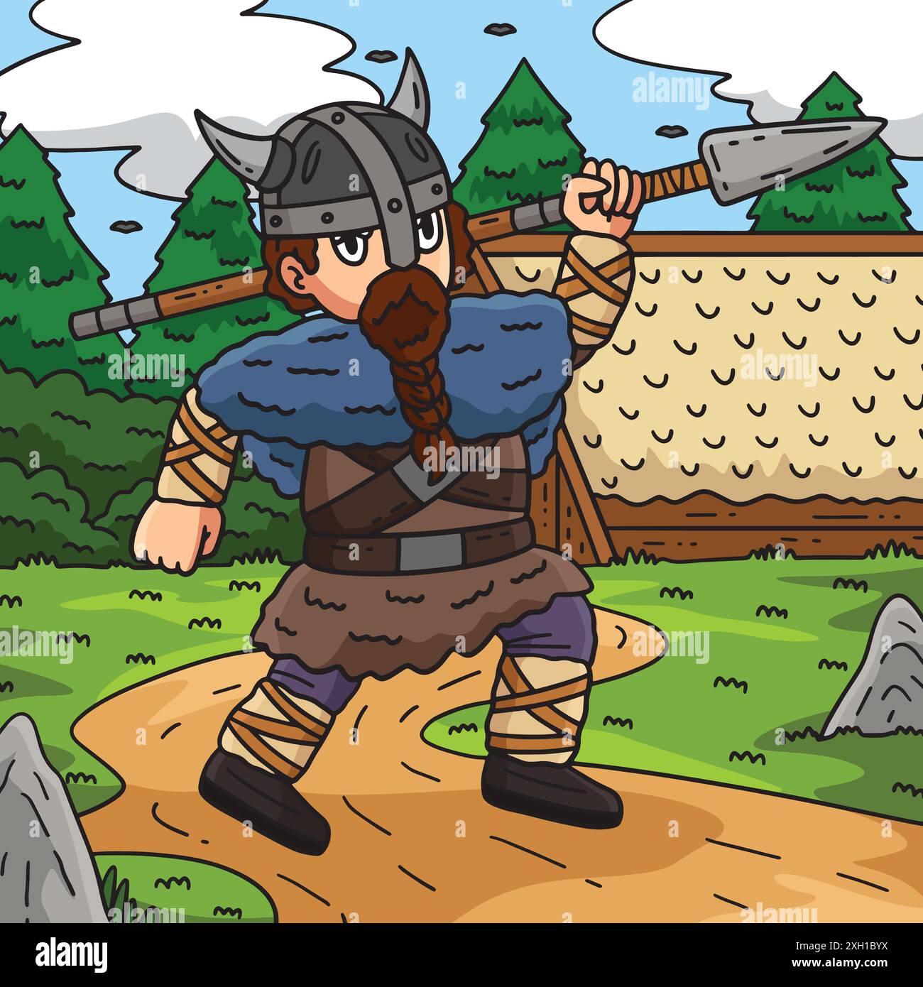 Viking Carriing Spear illustration colorée de dessin animé Illustration de Vecteur