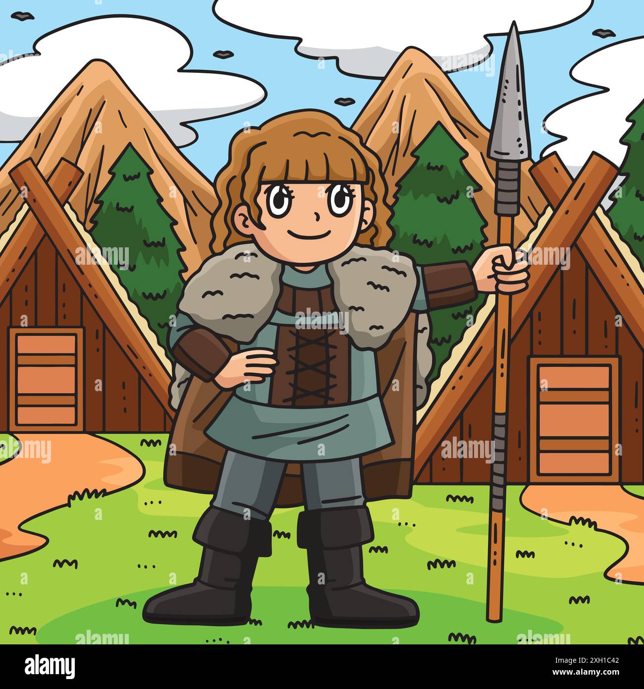 Viking avec une illustration de dessin animé de couleur lance Illustration de Vecteur