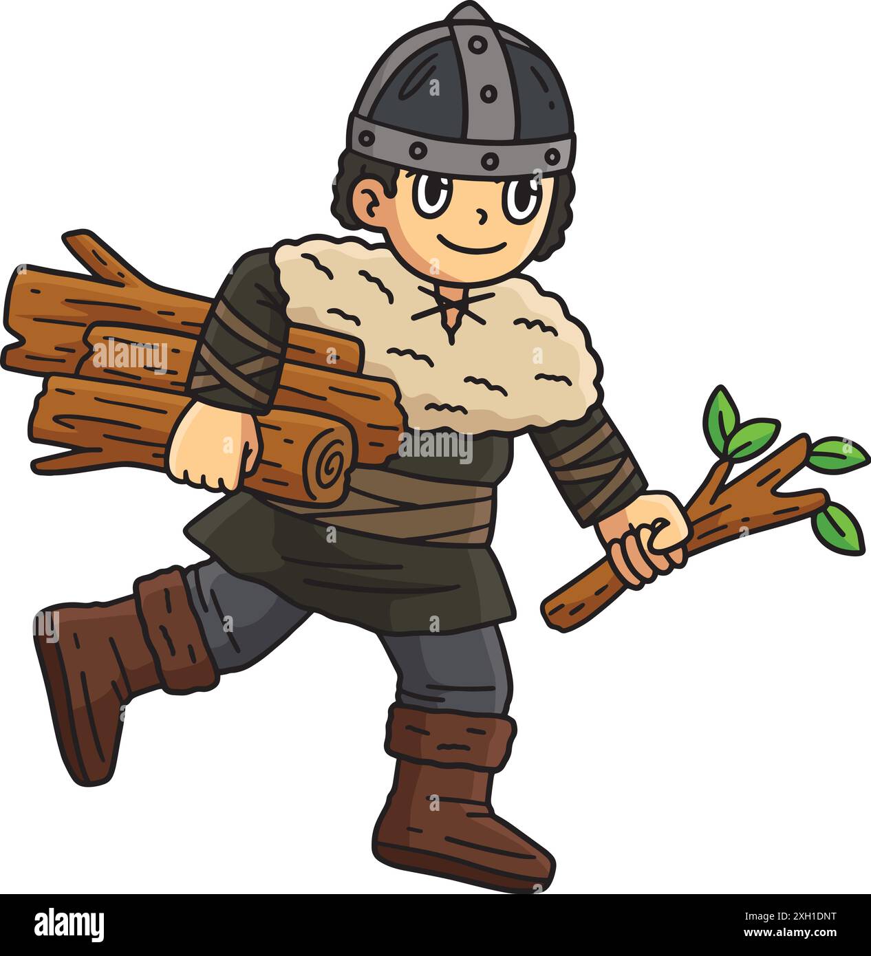 Viking Child Gathering Log Clipart coloré de Cartoon Illustration de Vecteur