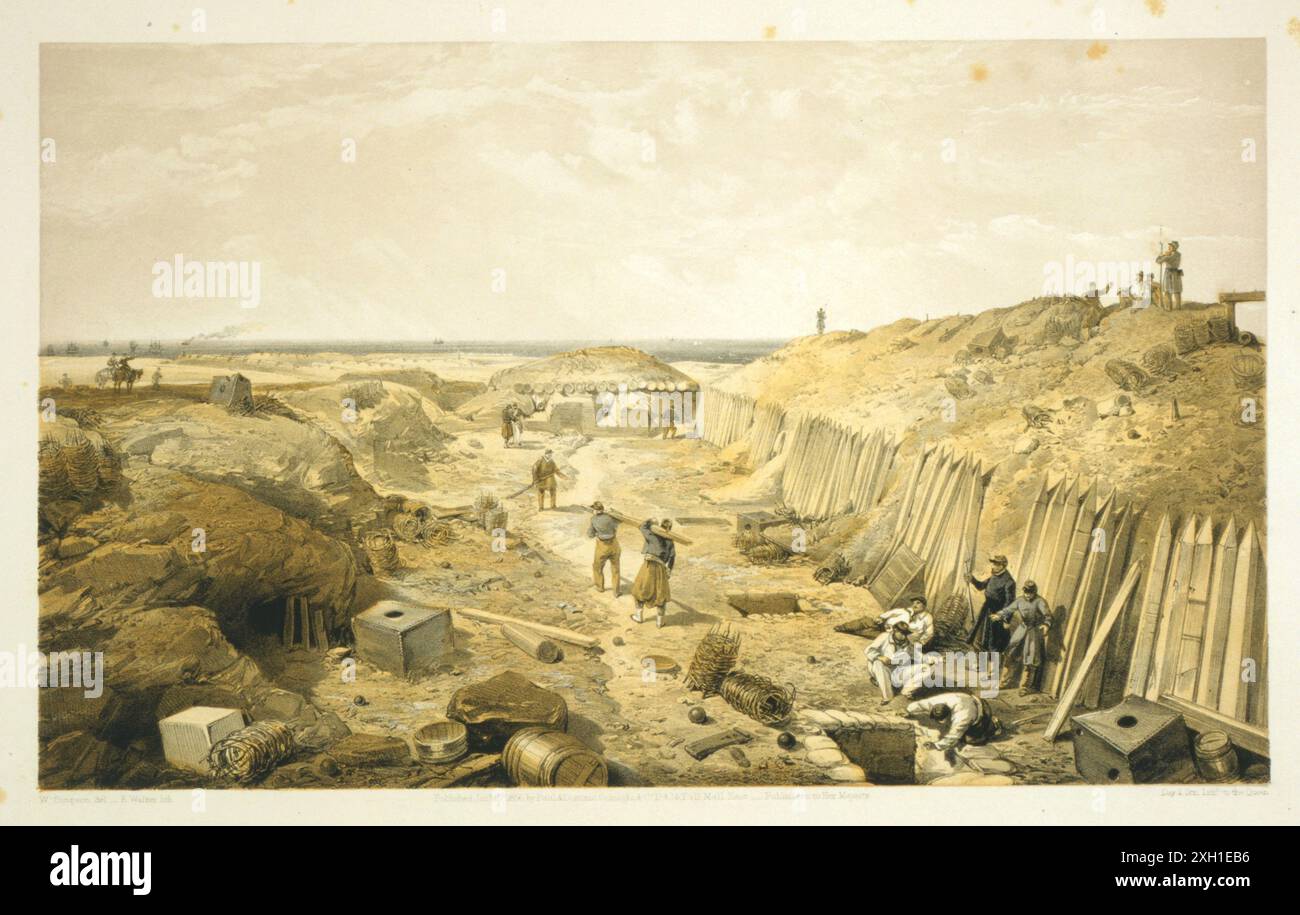 Fossé du Bastion du mât par William Simpson, 1823-1899, l'artiste. Publié 1856. lithographie, teinté représentant le terrassement montrant des pièces de bois, gabions, enrichis et les ouvertures d'abris souterrains dans le Bastion du mât, une redoute française à l'extrême gauche de la lignes britanniques et auxquelles la Fédération de Grand Redan et Sébastopol'. Guerre de Crimée Banque D'Images