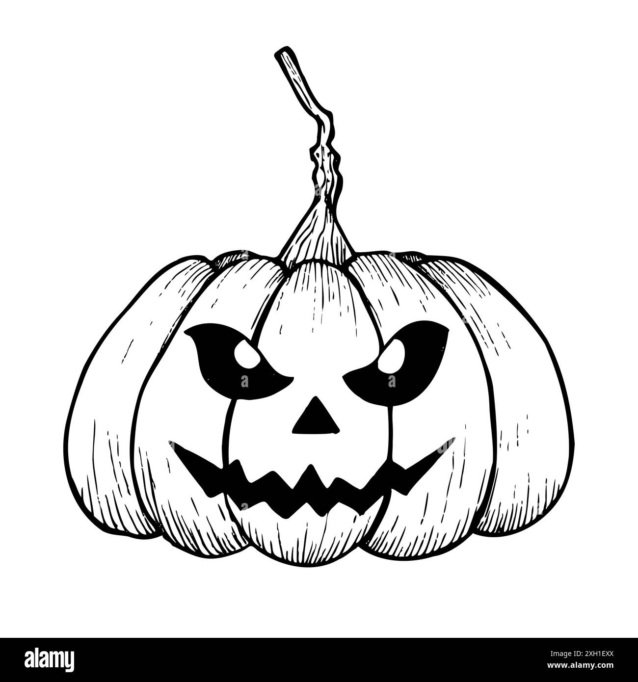 Vecteur halloween citrouille effrayante avec les yeux noirs. Illustration linéaire peinte à la main. Art graphique monochrome pour tatouage, peinture magique à la main pour les vacances Illustration de Vecteur