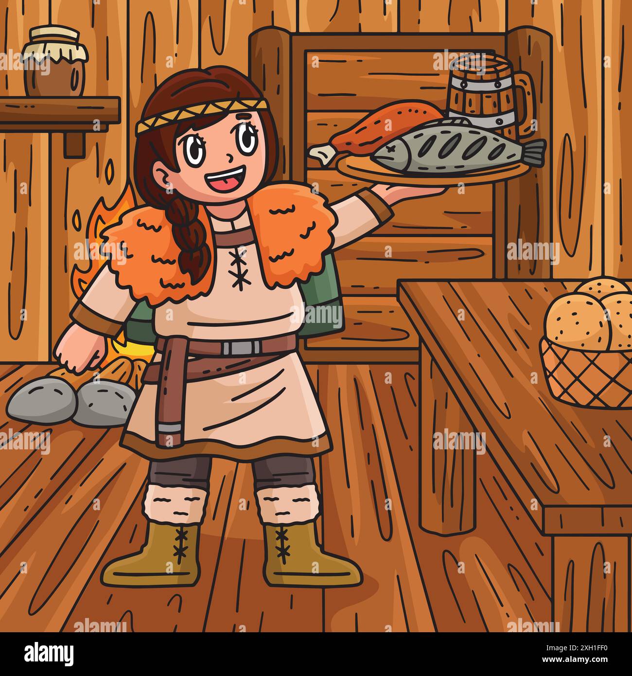 Viking servant un repas illustration de dessin animé coloré Illustration de Vecteur