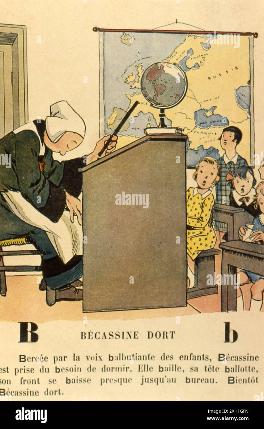 La lettre B. Livre 'Bécassine maîtresse d'école', texte de Maurice Languereau dit Caumery, illustration d'Emile-Joseph Porphyre Pinchon. Publié par Gautier Languereau en 1929. Banque D'Images