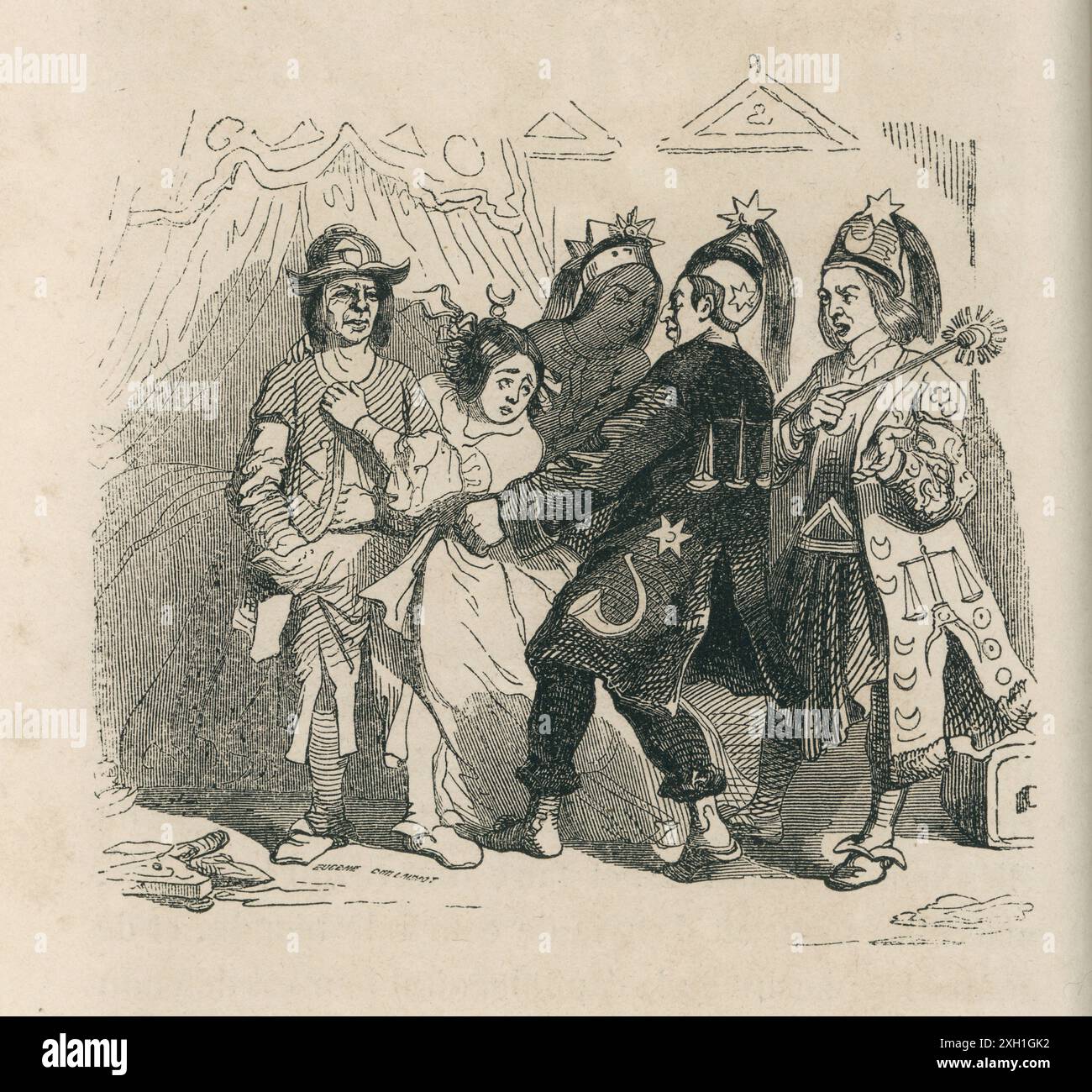 Partie III. Un voyage à Laputa. Chapitre II. une femme adultère est amenée de la terre à Laputa par les forces de la justice. Illustration de Jean-Jacques Grandville tirée de 'Gulliver's Travels' de Jonathan Swift (volume 2), publié en 1838 par Furne et Cie et H. Fournier éditeur. Banque D'Images