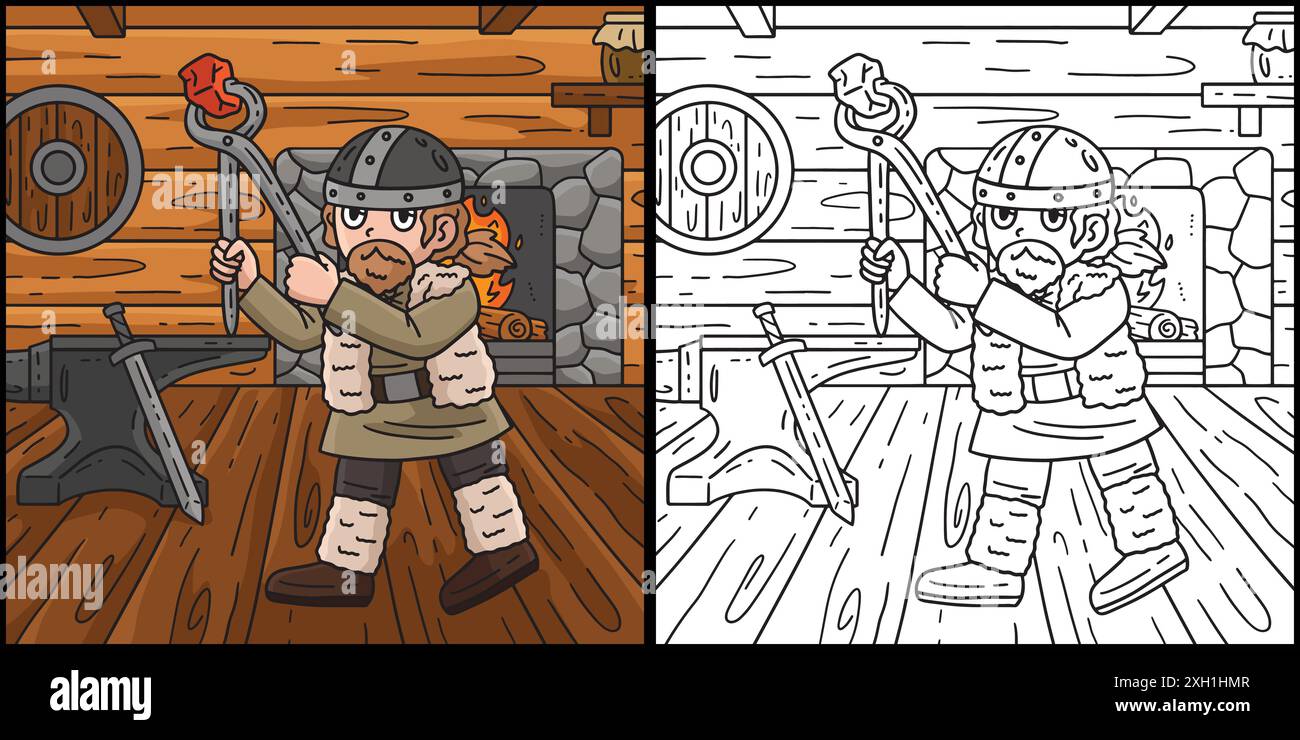 Viking travaillant dans la Forge Coloriage illustration Illustration de Vecteur