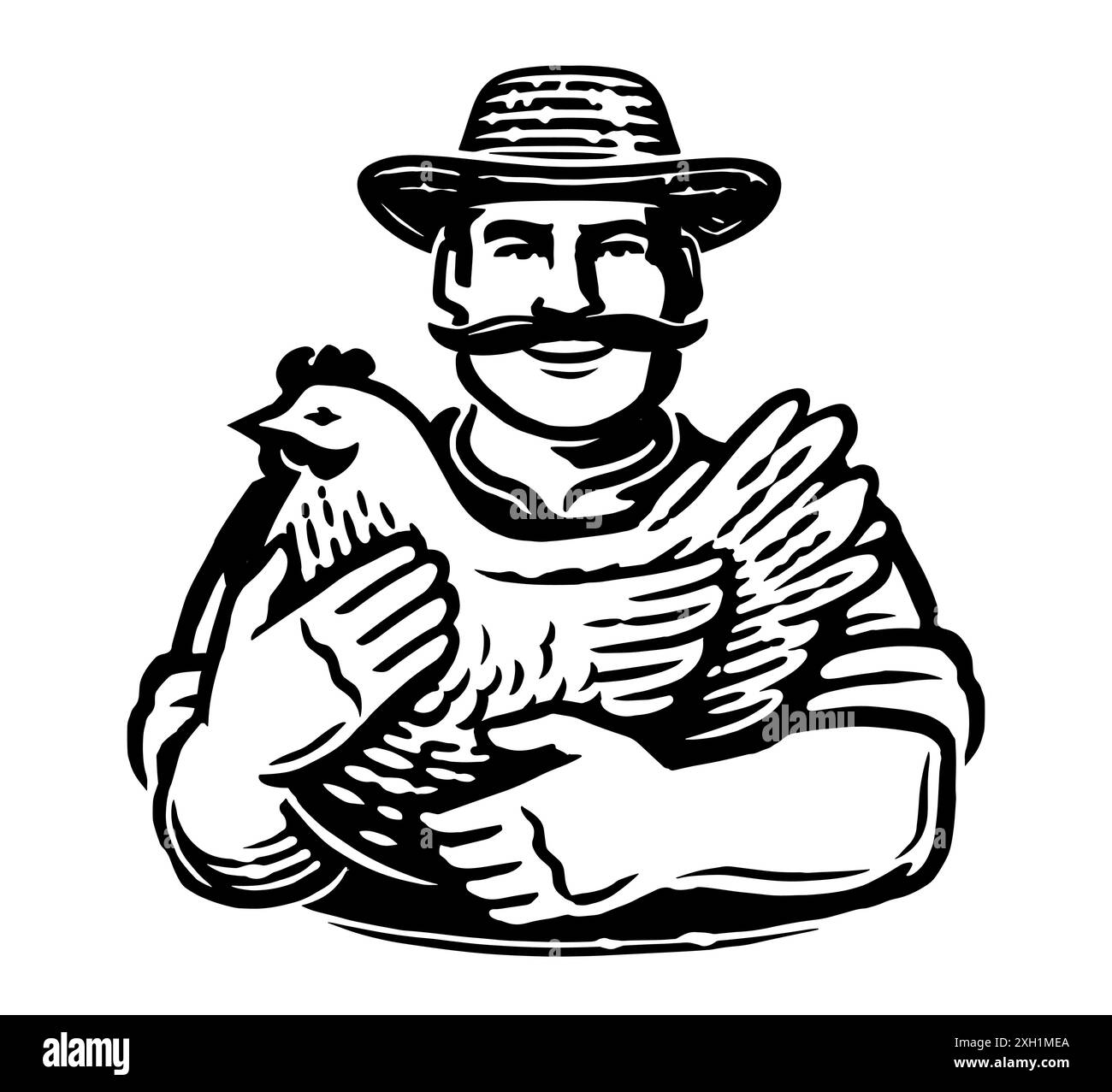 Agriculteur tenant le logo de poulet. Ferme avicole, emblème alimentaire biologique. Illustration vectorielle en noir et blanc dessinée à la main Illustration de Vecteur