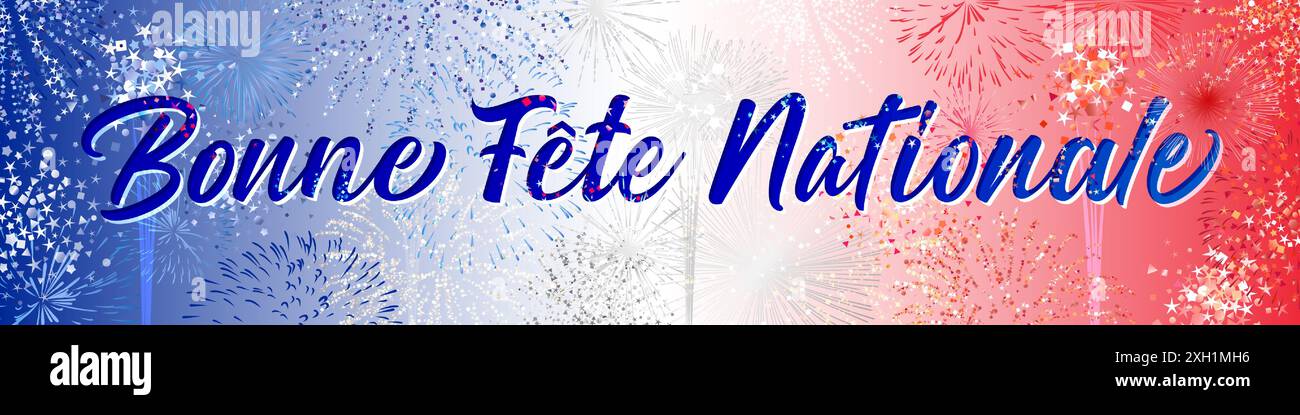 Bonne fête nationale texte français, bannière décorative horizontale. Bouton Web. Feux d'artifice brillants avec masque de coupe. Toile de fond des fêtes. Conception vectorielle modifiable Illustration de Vecteur