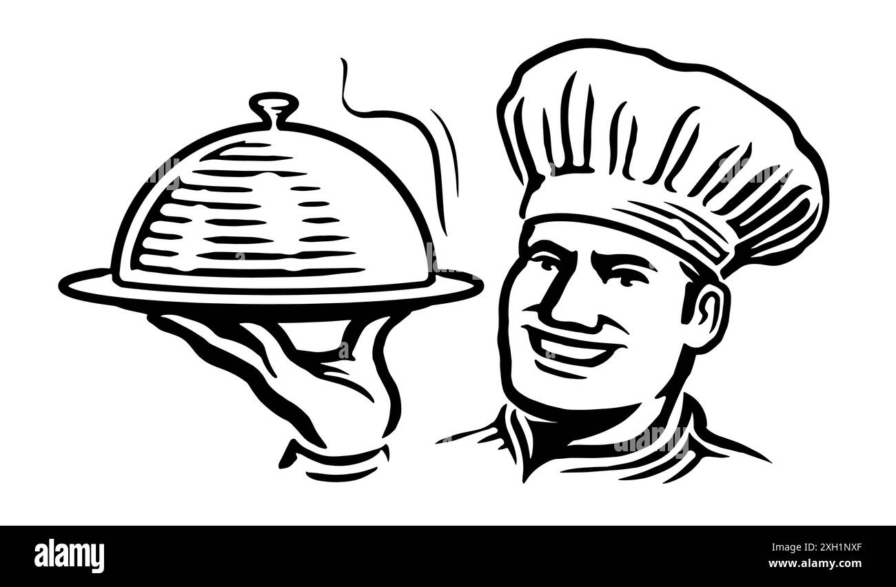 Chef masculin avec plateau et cloche. Emblème de restaurant ou de café. Illustration vectorielle noir et blanc de croquis de cuisine Illustration de Vecteur