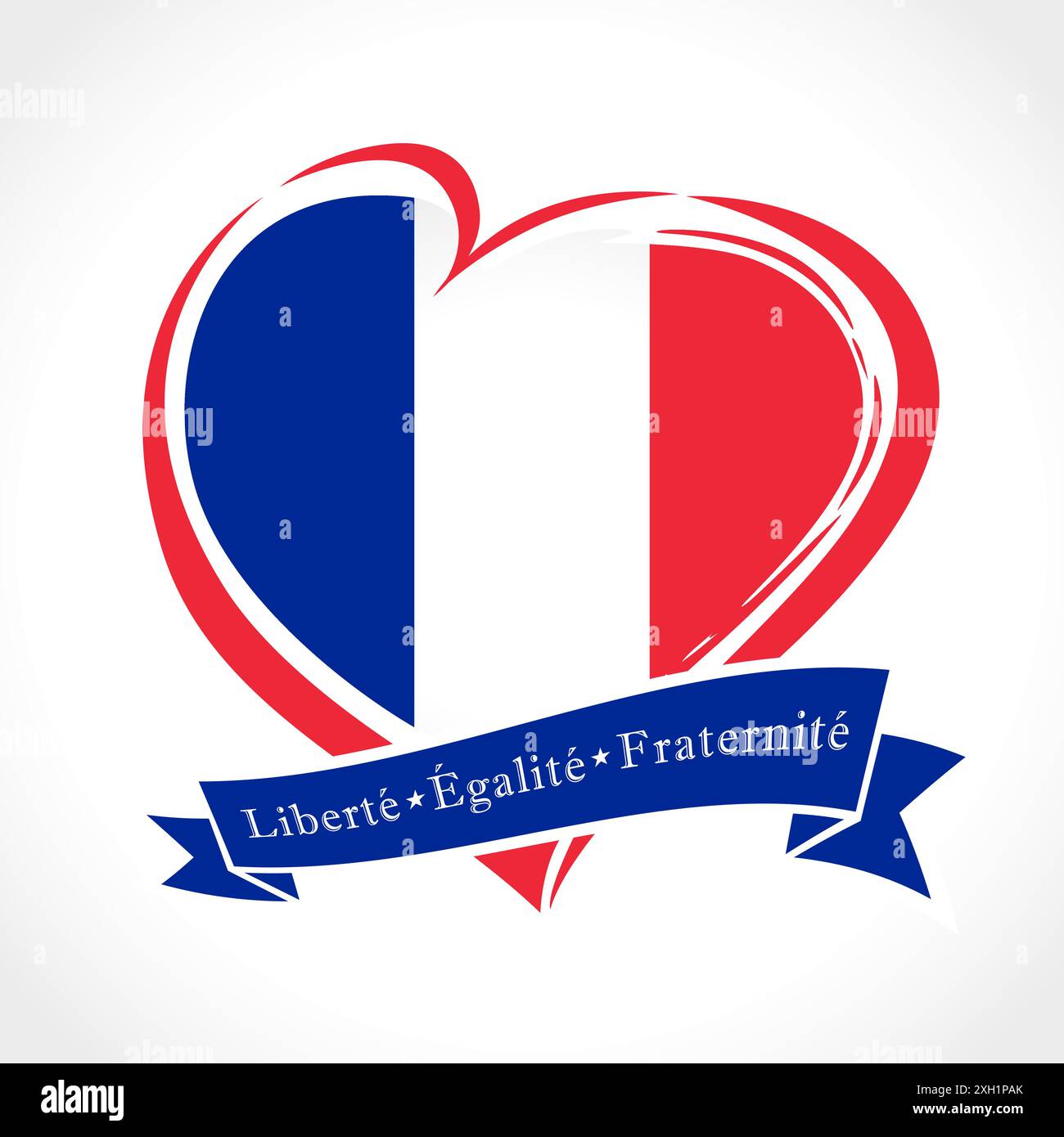 Icône créative de la fête nationale française. Logo de vacances ou symbole avec texte de félicitations - liberté, égalité, Fraternité. Forme de coeur et ruban avec drapeau Illustration de Vecteur