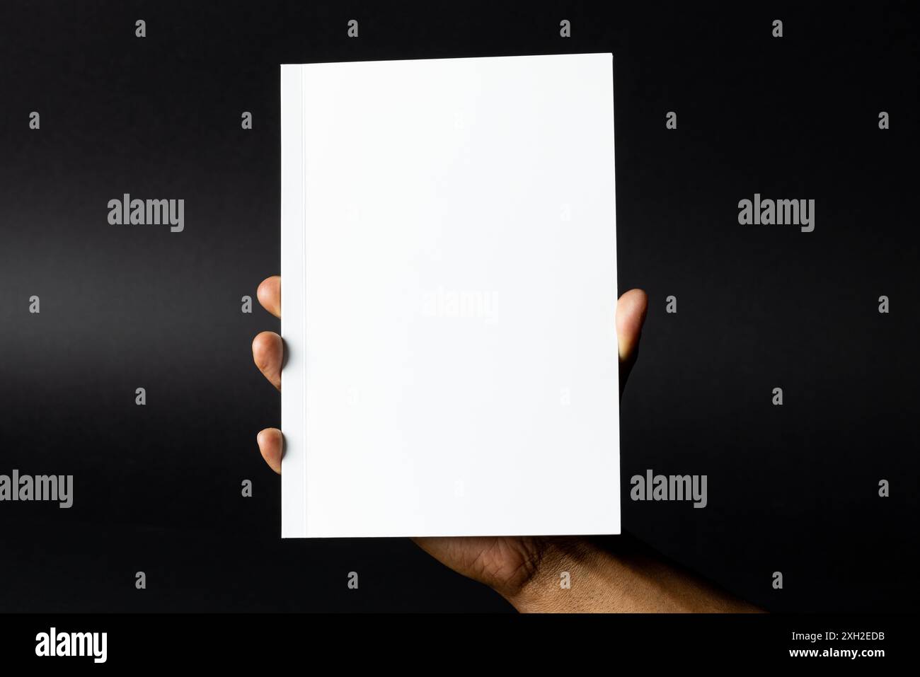 Main afro-américaine présentant une couverture de livre vierge, avec espace de copie. Idéal pour la publicité et les maquettes dans un cadre de studio. Banque D'Images