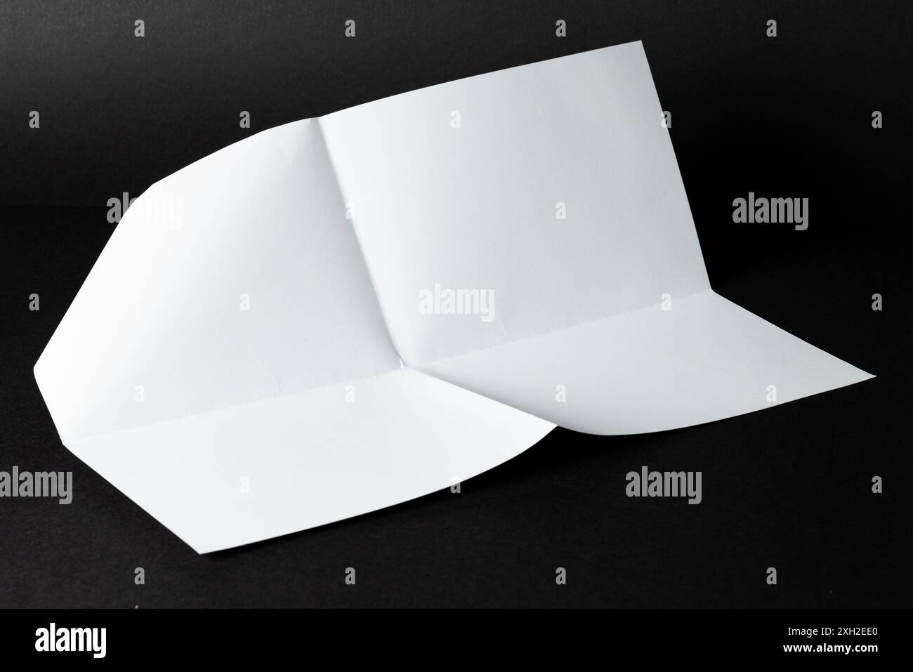 Une maquette de brochure vierge à trois plis sur fond noir avec espace de copie. Idéal pour la présentation de travaux de conception ou de matériel marketing, la mise en page le permet Banque D'Images