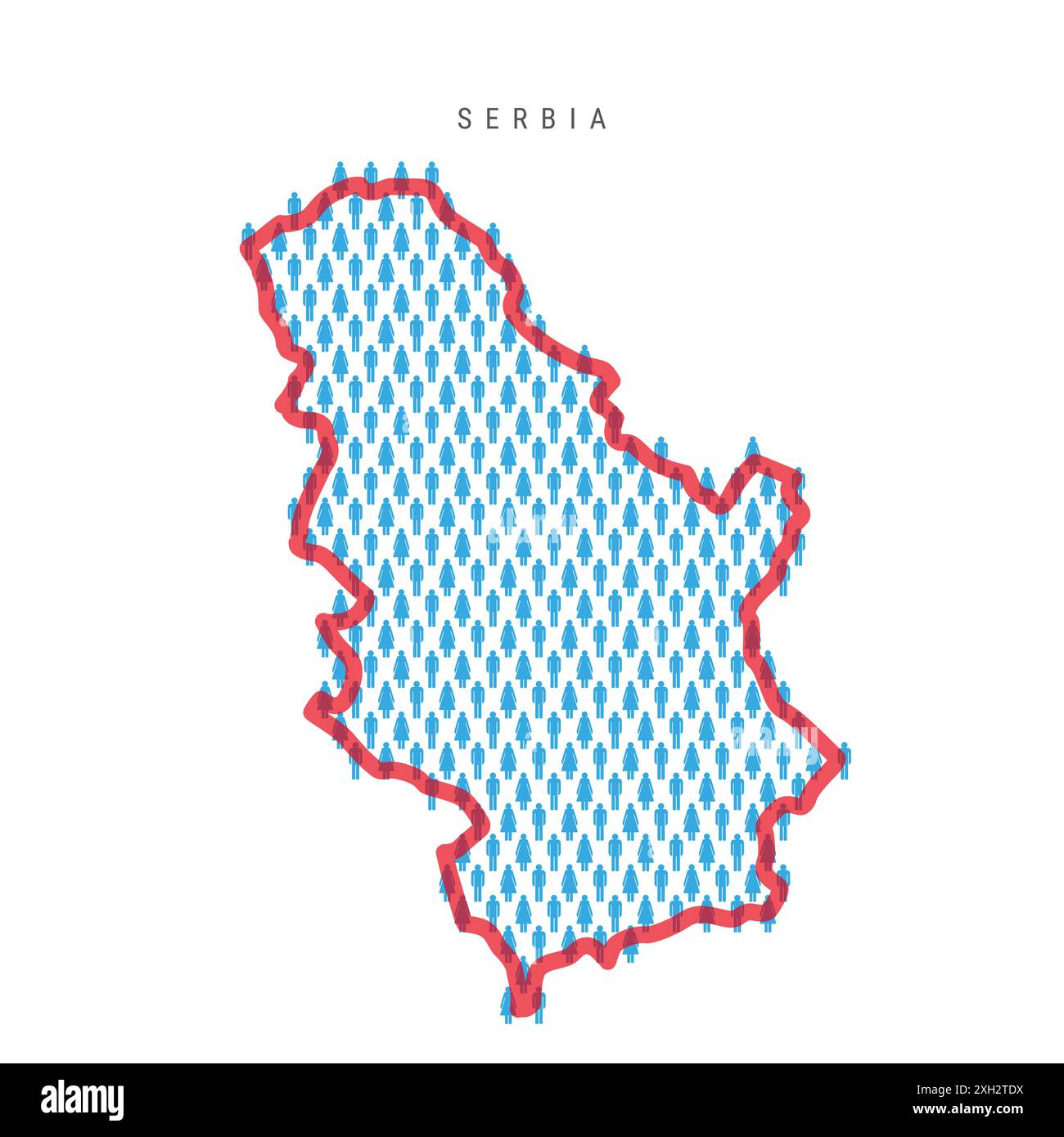 Carte de la population de Serbie. Bâton figures carte du peuple serbe avec frontière rouge translucide audacieuse du pays. Modèle d'icônes d'hommes et de femmes. Illustration isolée Banque D'Images