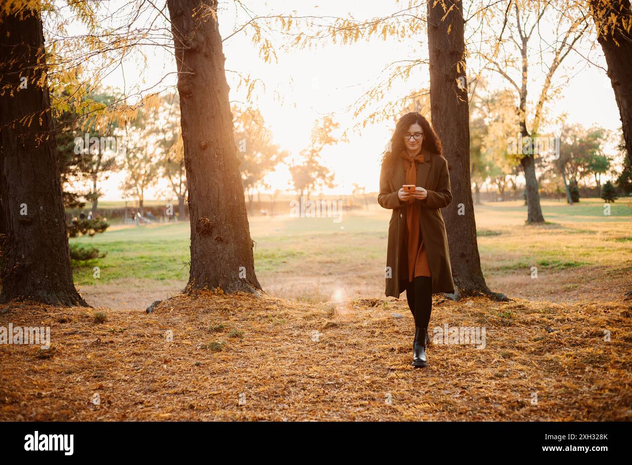 Une femme marche dans un parc en utilisant son téléphone. Les feuilles d'automne couvrent le sol et le soleil brille à travers les arbres. Banque D'Images