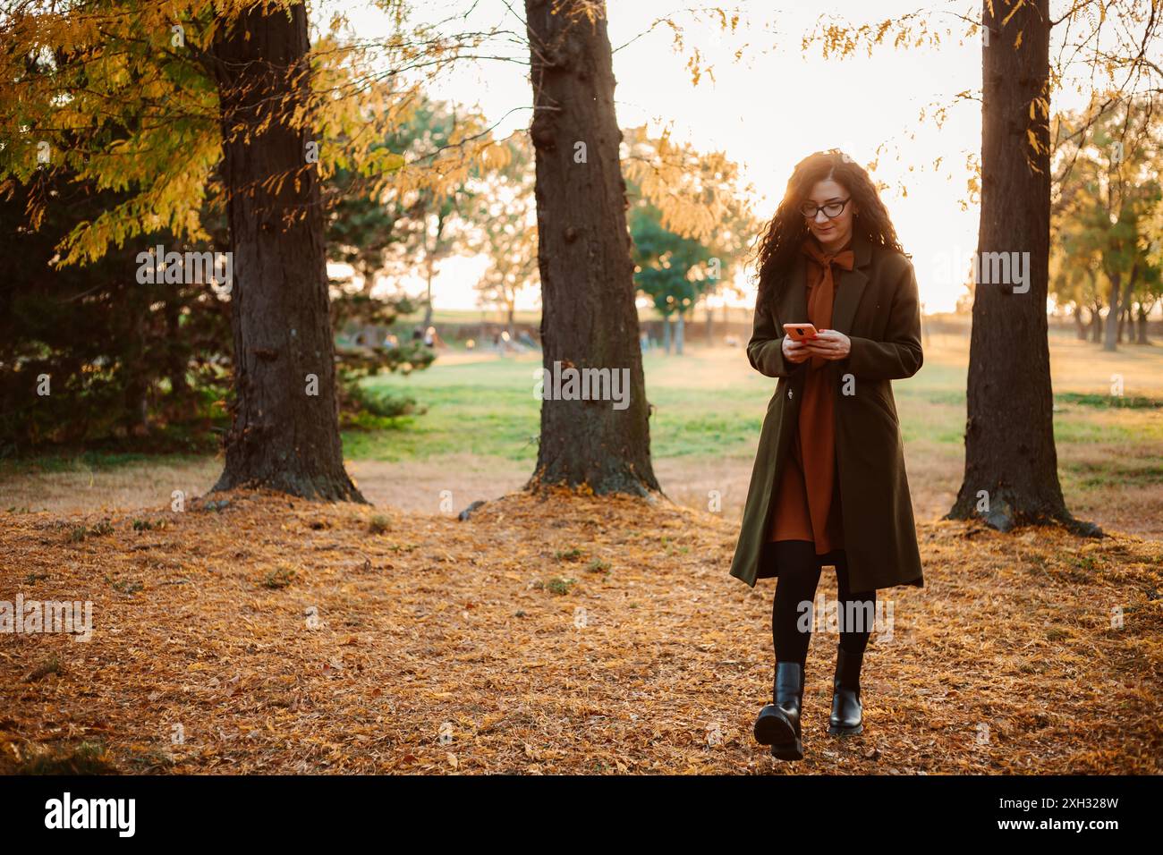 Une femme se promène dans une forêt avec des feuilles tombées au sol, en utilisant son smartphone. Le soleil brille à travers les arbres, projetant une lueur chaude sur le SC Banque D'Images