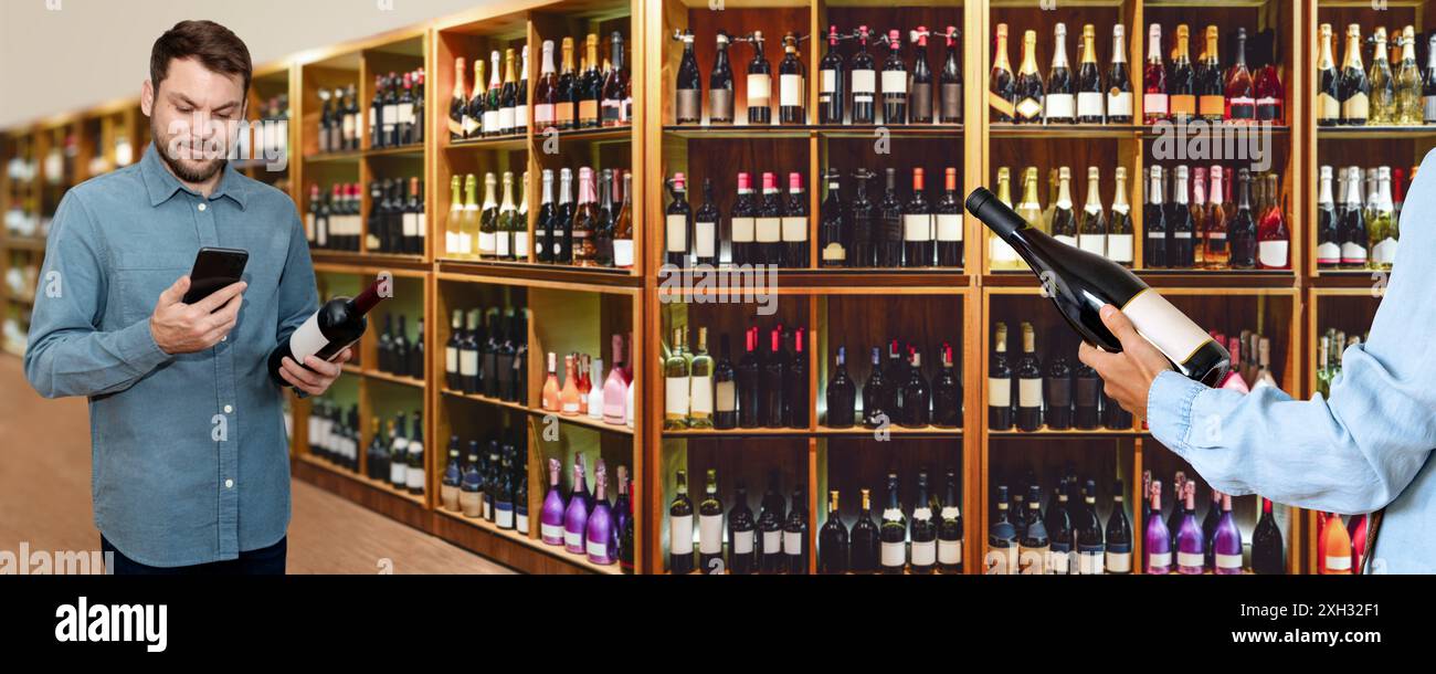 Les clients choisissent le vin dans le magasin d'alcool. Banque D'Images