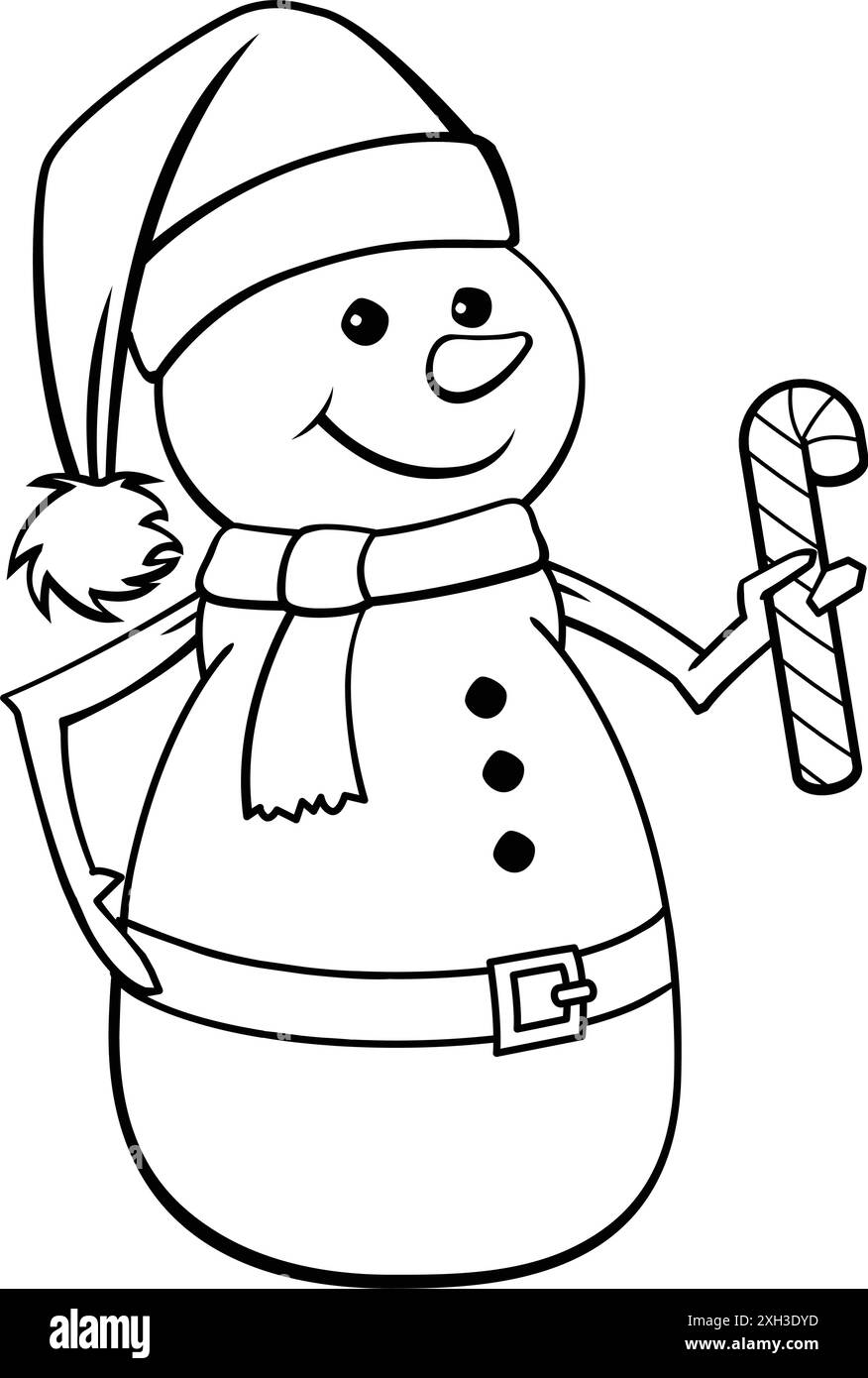 Joyeux bonhomme de neige de dessin animé de Noël avec chapeau de père noël tenant le contour de canne de bonbons pour la coloration dans le vecteur de livre isolé sur fond transparent Illustration de Vecteur