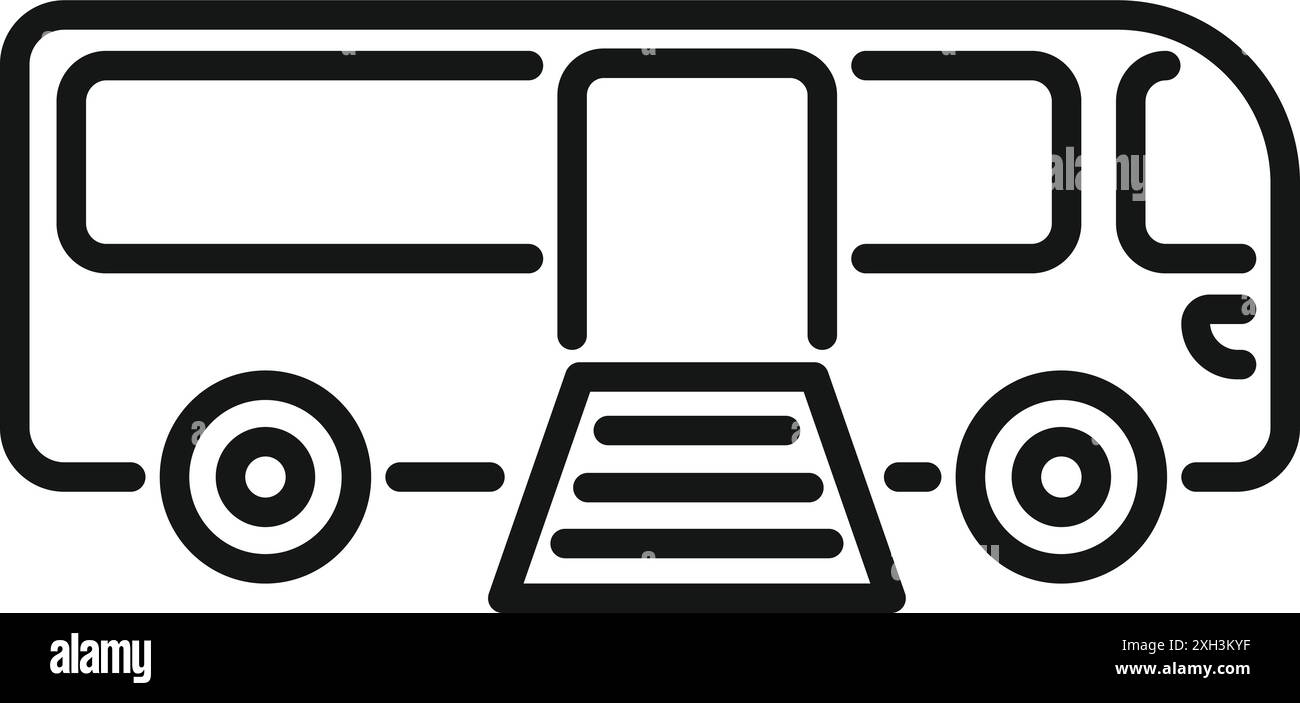 Icône de ligne d'un autobus urbain avec une porte ouverte et une rampe d'embarquement rétractable, mettant l'accent sur l'accessibilité dans les transports en commun Illustration de Vecteur