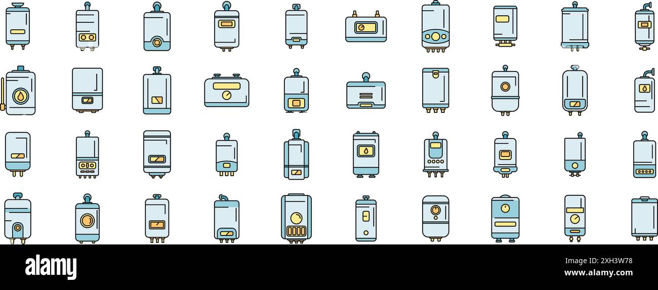 Icônes de chaudière à gaz définir le vecteur de contour. cvc de la salle. Couleur de ligne mince de vapeur chaude plat sur blanc Illustration de Vecteur