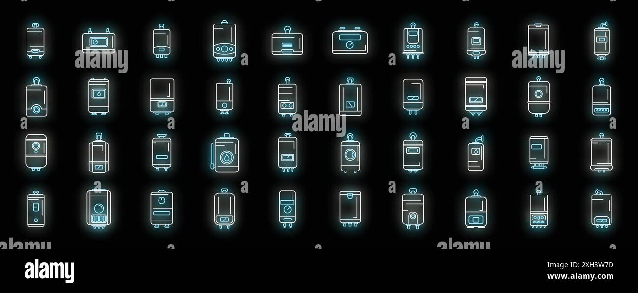 Icônes de chaudière à gaz définir le vecteur de contour. cvc de la salle. Couleur néon vapeur chaude sur noir Illustration de Vecteur