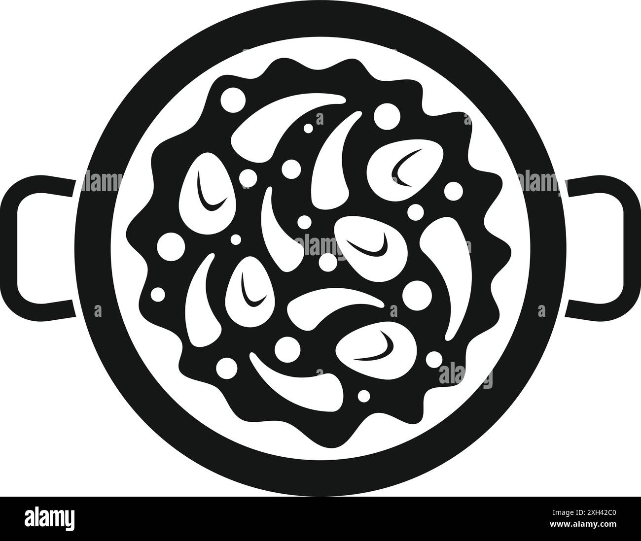 Icône noire et blanche d'une poêle à paella contenant des fruits de mer et du riz, un plat traditionnel espagnol de riz Illustration de Vecteur