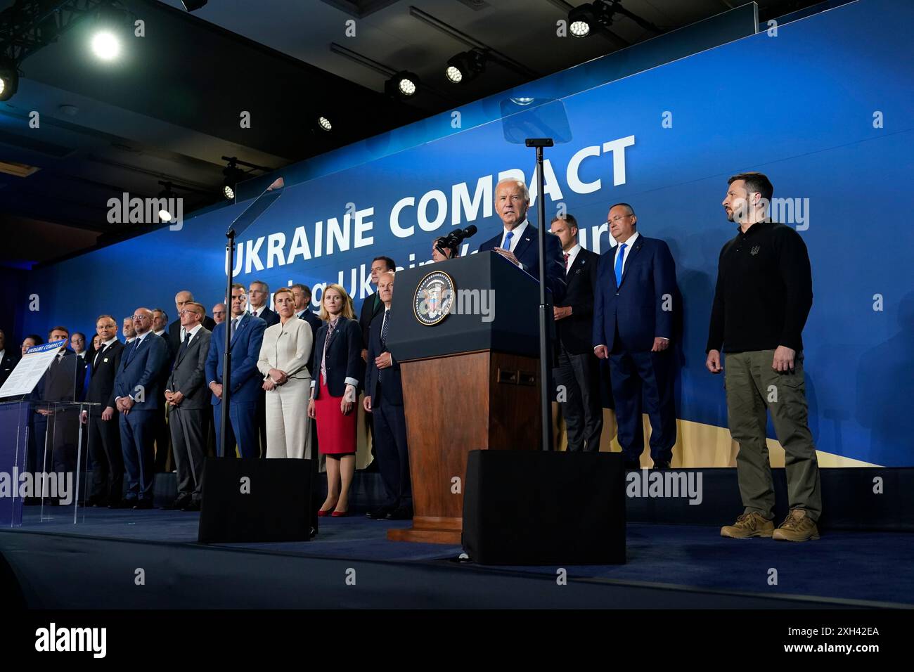 Le président des États-Unis Joe Biden fait des remarques alors qu’il organise un événement sur le Pacte pour l’Ukraine au Walter E. Washington Convention Center à Washington, DC, le jeudi 11 juillet 2024. Crédit : Chris Kleponis / piscine via CNP Banque D'Images