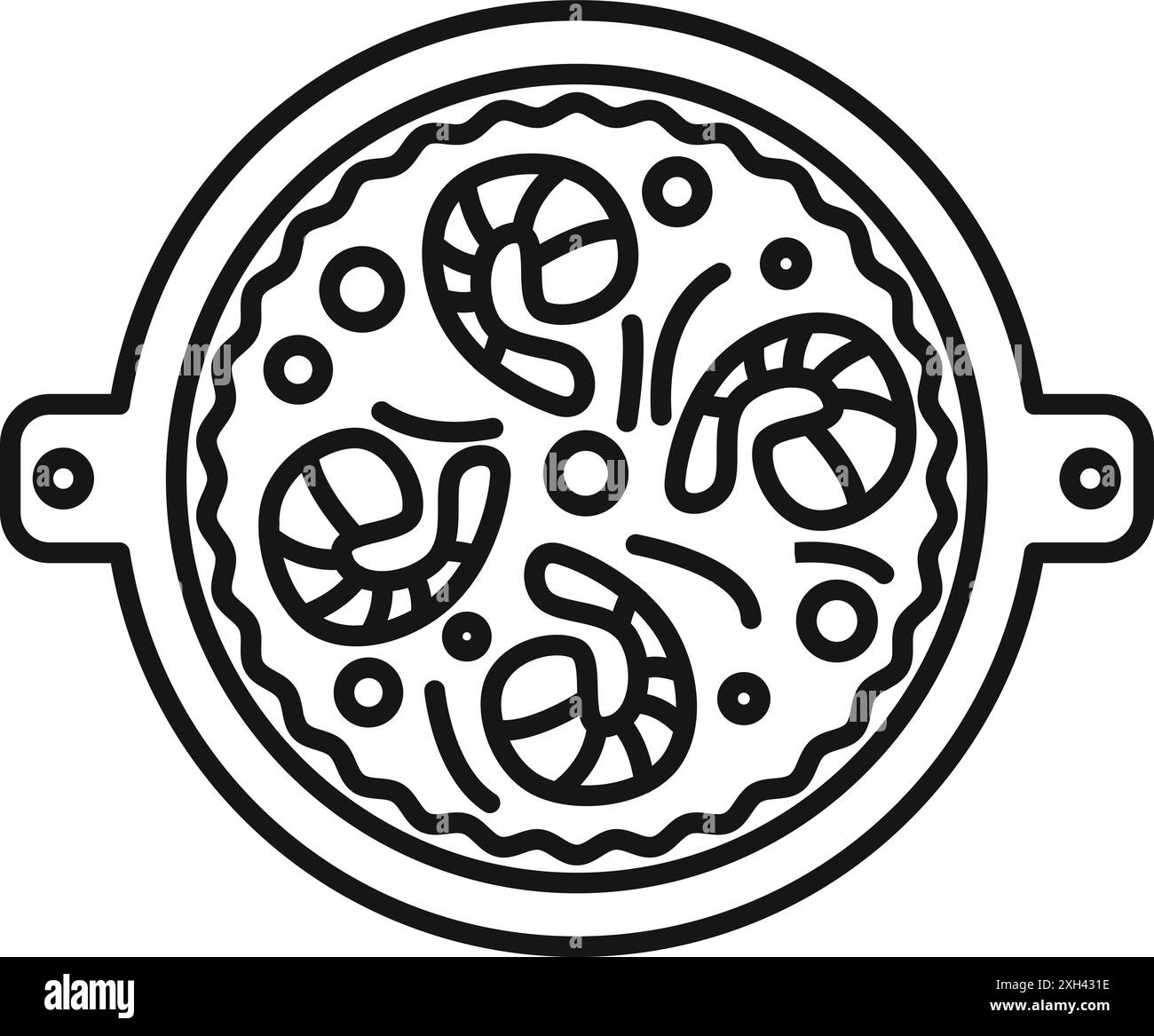 Cuisson traditionnelle de paella espagnole avec des crevettes dans une casserole avec des poignées sur fond blanc Illustration de Vecteur