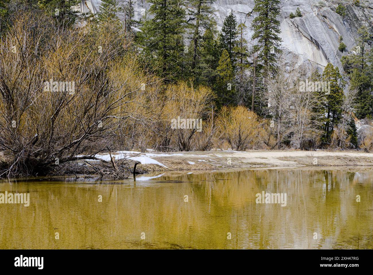 La vue hivernale du lac Mirror dans le parc national de Yosemite. Banque D'Images