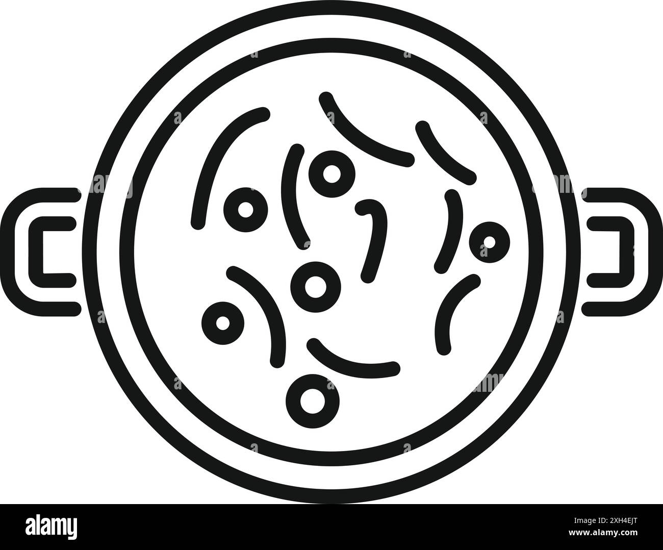 Icône de ligne simple d'une soupe avec des nouilles et des légumes cuits dans une casserole Illustration de Vecteur