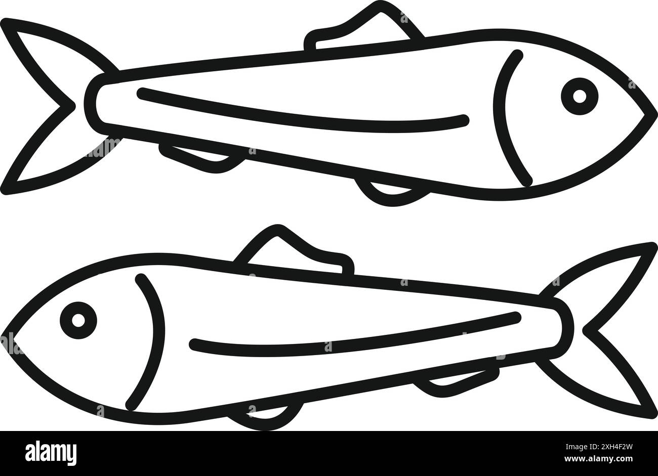 Simple dessin au trait de deux sardines nageant dans la même direction, idéal pour représenter les fruits de mer, la pêche, ou le régime méditerranéen Illustration de Vecteur