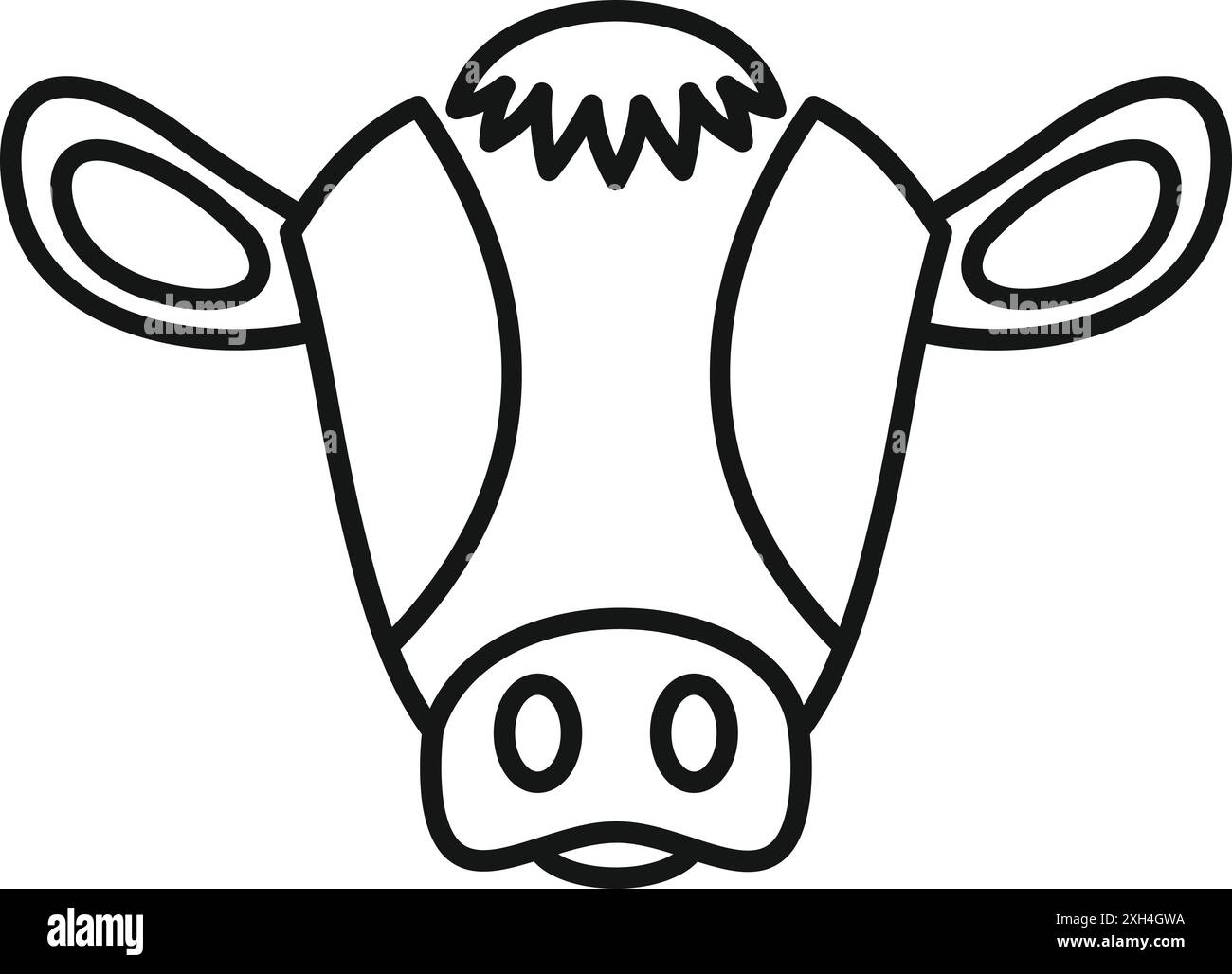 Dessin d'art au trait noir et blanc d'une tête de vache regardant vers l'avant avec de grandes oreilles, modèle de logo, idéal pour les produits laitiers Illustration de Vecteur
