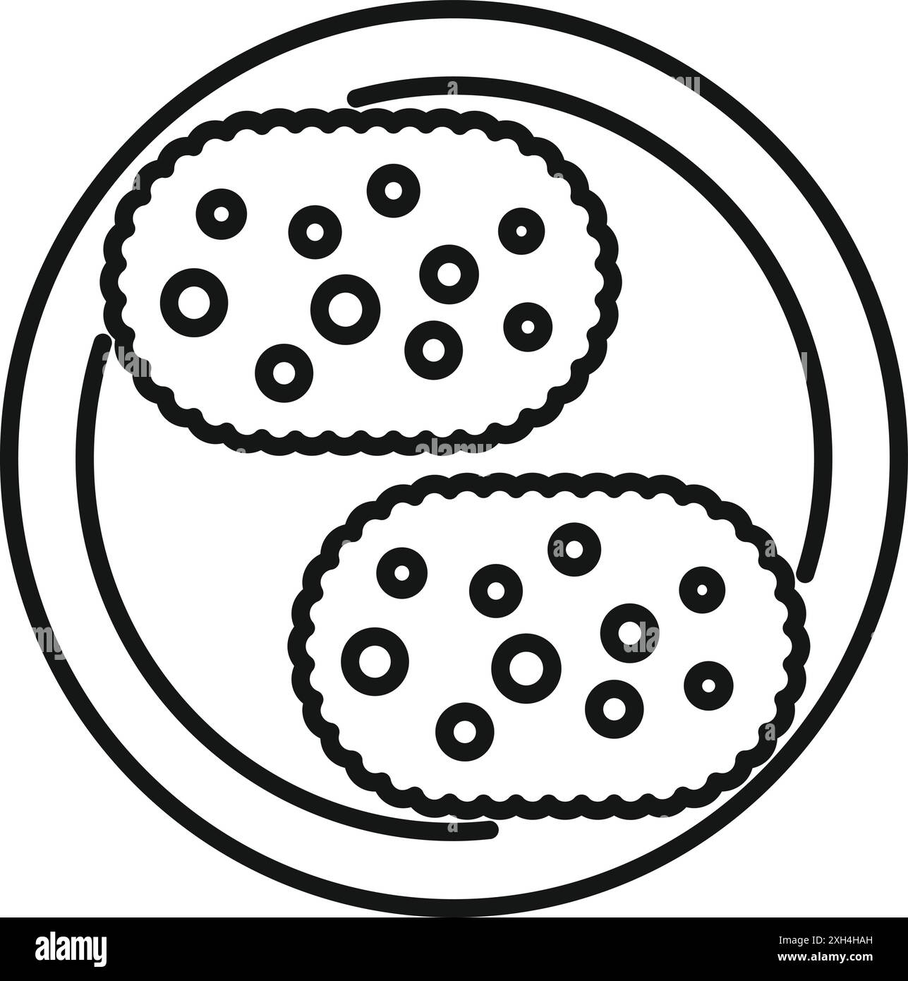 Dessin au trait minimaliste de deux biscuits aux pépites de chocolat sur une assiette, illustration simple de cuisson Illustration de Vecteur