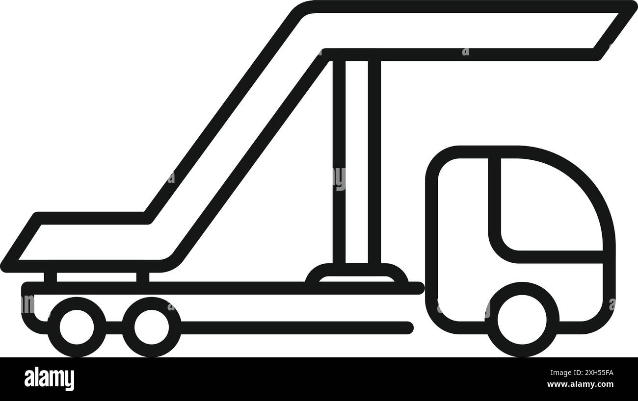 Dessin simple en noir et blanc des escaliers d'embarquement des passagers d'un aéroport reliés à un véhicule Illustration de Vecteur