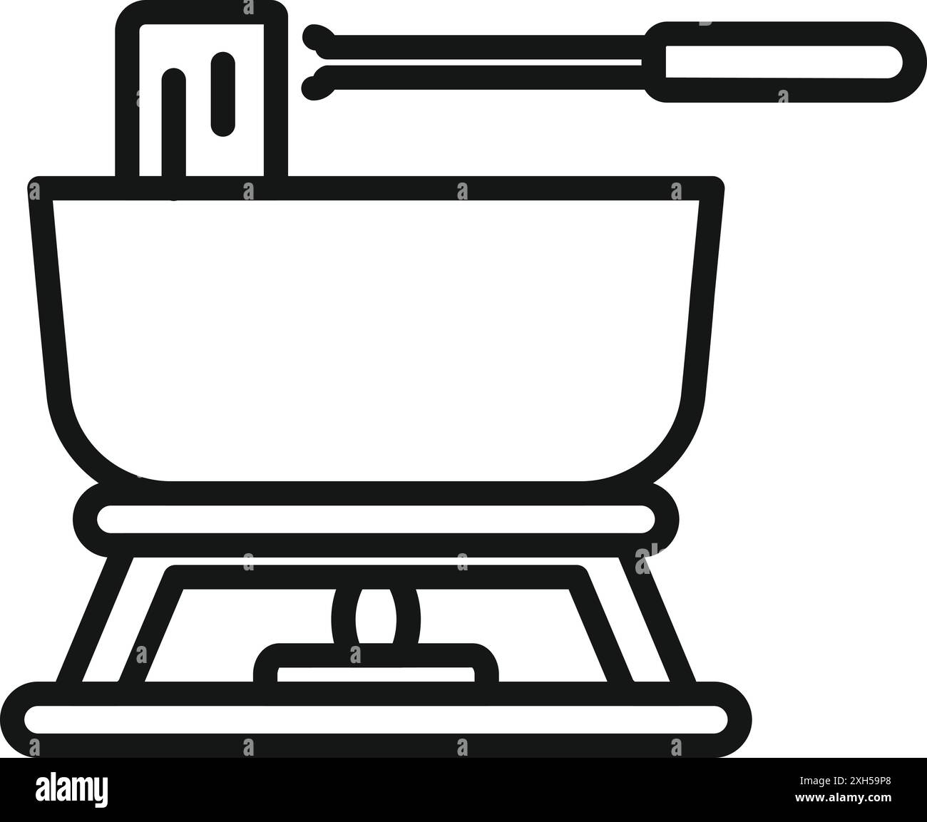 Dessin au trait d'une casserole à fondue avec un morceau de fromage sur une brochette cuisant sur un petit feu Illustration de Vecteur