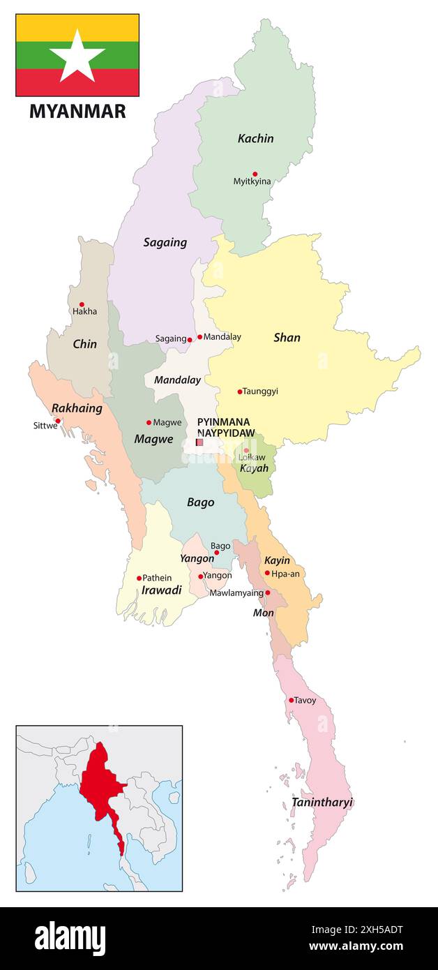 Carte vectorielle des 21 divisions administratives du Myanmar Banque D'Images Carte vectorielle des 21 divisions administratives du Myanmar Banque D'Images
