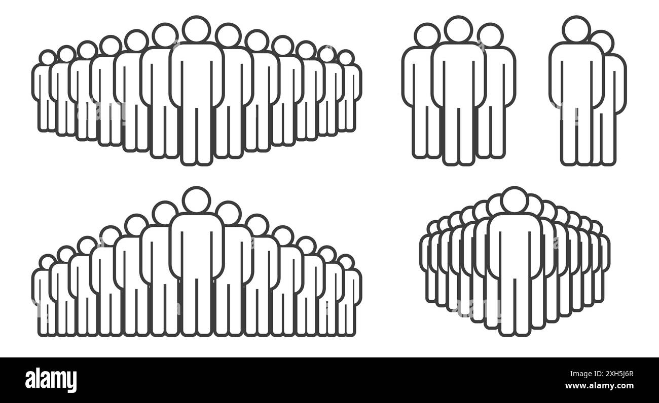 Grands et petits groupes de contours clairs d'hommes. Bâton figurines personnes icône de foule. Illustration plate isolée sur fond blanc. Banque D'Images