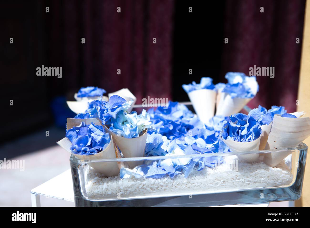 Fleurs d'hortensia bleues disposées dans des cônes de papier, debout dans un vase en verre rempli de riz blanc, prêt pour une cérémonie de mariage Banque D'Images