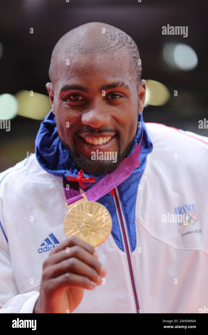 Dossier photo du 03/08/12 de Teddy Riner. Paris se prépare à accueillir ses premiers Jeux Olympiques pour 100 ans plus tard ce mois-ci, dans un grand espoir de Jeux records pour la Grande-Bretagne. Date d'émission : vendredi 12 juillet 2024. Banque D'Images