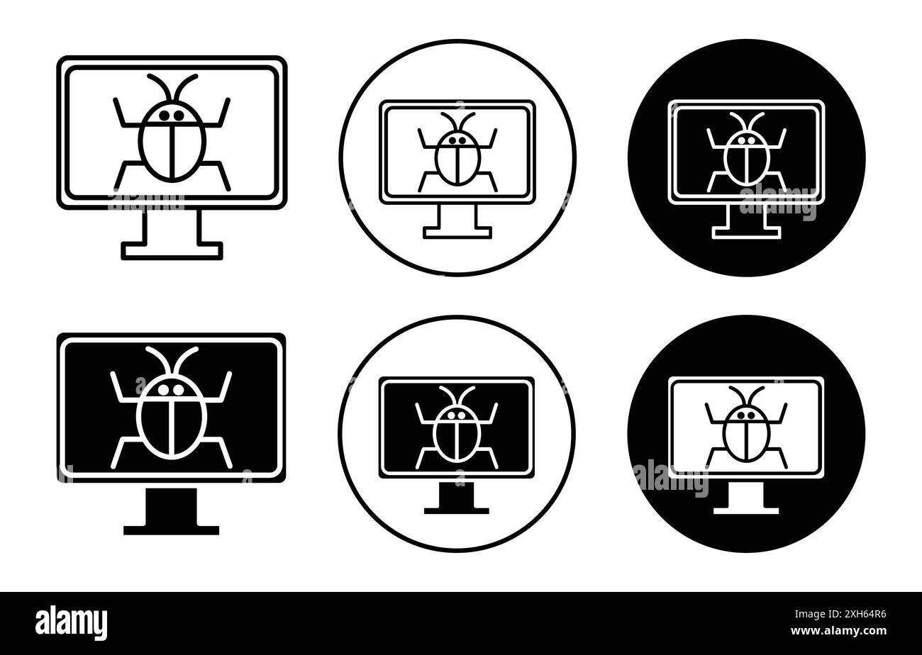 Icône de bug informatique symbole vectoriel ou collection d'ensemble de signes dans un contour noir et blanc Illustration de Vecteur