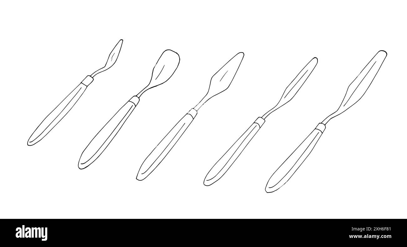 Jeu de spatules de peinture dessinées à la main. Outils artistes. Illustration de peintre isolé sur fond blanc. Illustration de Vecteur