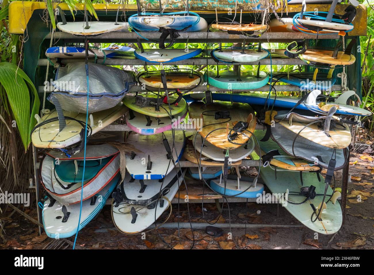 Un rack de planches de surf près de la plage sur l'île de Cocos. Banque D'Images