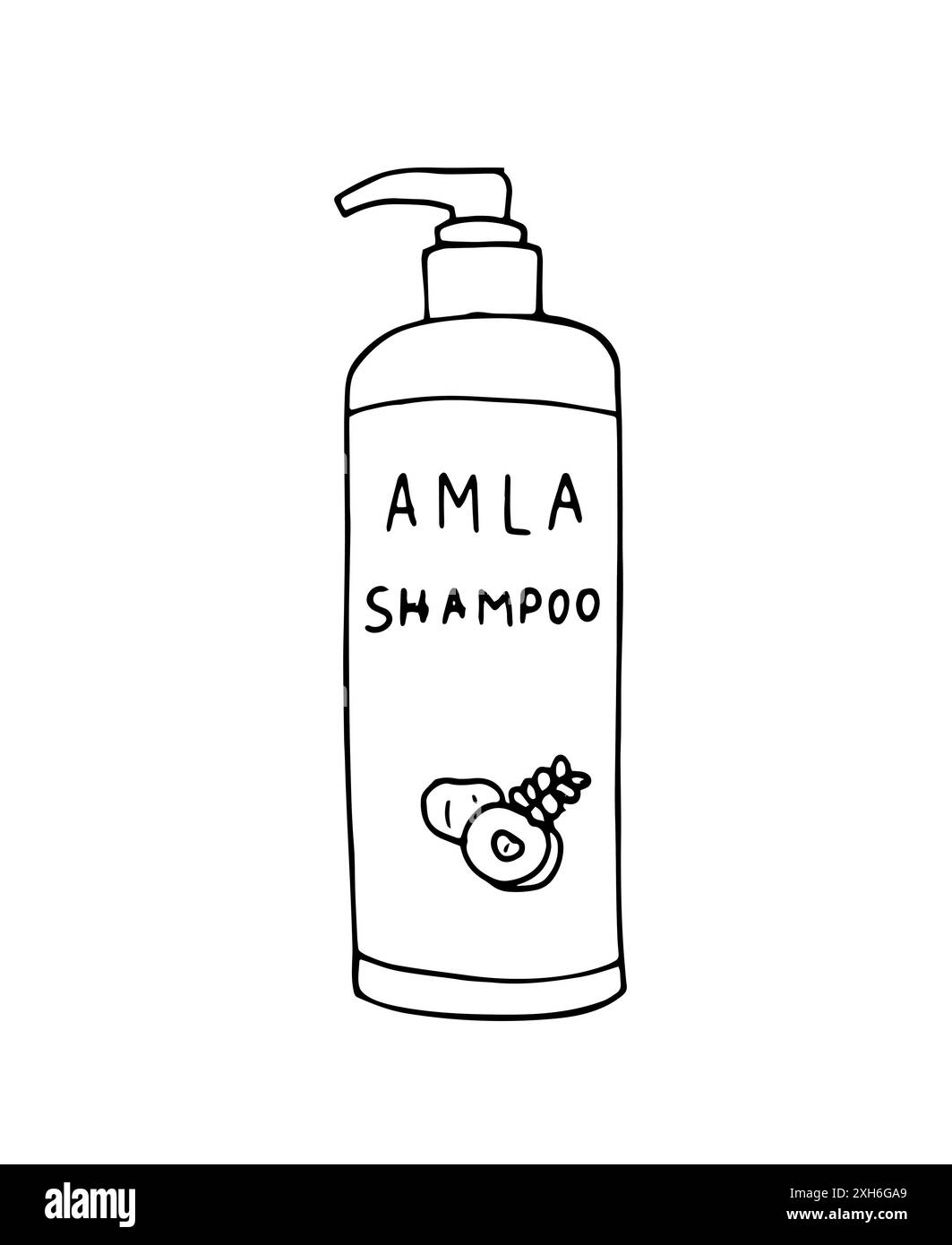Shampooing Amla. Bouteille de shampooing dessinée à la main. Groseille indienne. Illustration dessinée à la main isolée sur fond blanc. Illustration de Vecteur