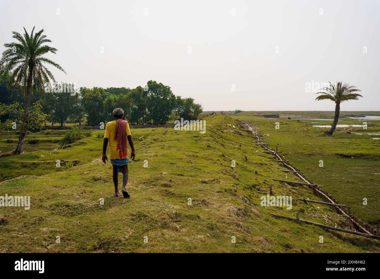 Un agriculteur indien marche sur le rivage de la côte des Sundarbans dans le delta du Gange sur l'île de Ghoramara Banque D'Images