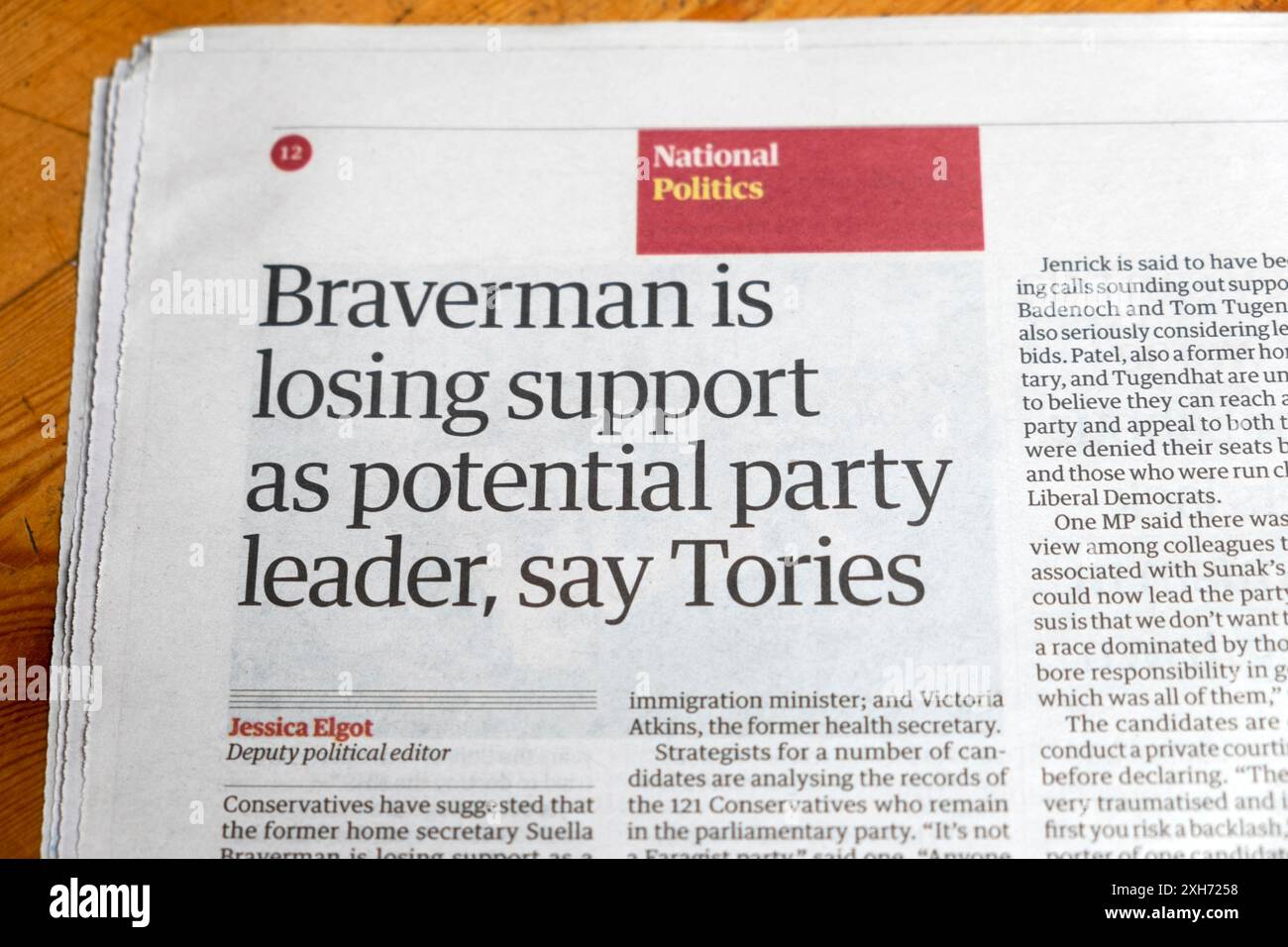 Suella 'Braverman perd son soutien en tant que chef potentiel du parti, selon le journal Tories' Guardian titre de l'article sur la direction conservatrice 8 juillet 2024 Royaume-Uni Banque D'Images