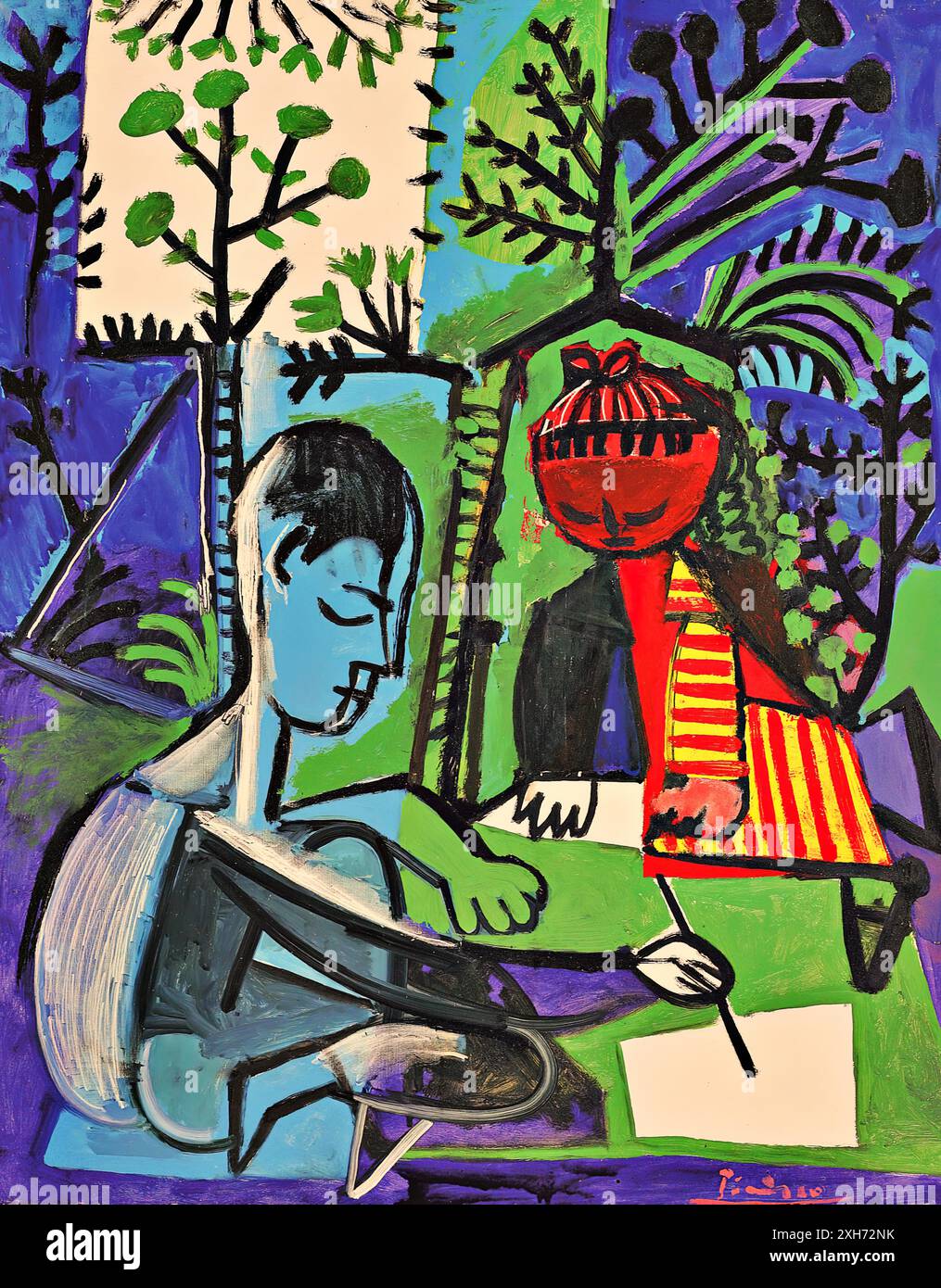 Claude et Paloma dessinant, 1954 (peinture) de l'artiste Picasso, Pablo (1881-1973) espagnol. Illustration de Vecteur
