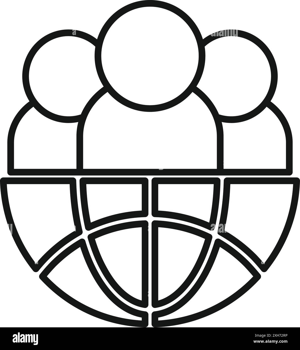 Illustration de dessin au trait noir et blanc de trois icônes de personnes positionnées au-dessus d'un globe, représentant la communauté mondiale et la collaboration Illustration de Vecteur