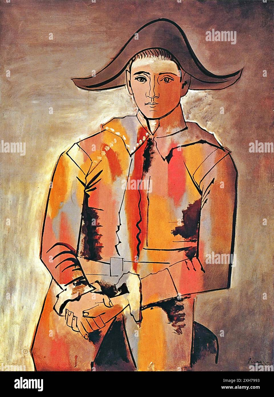 Arlequin avec les mains pliées, 1923 (peinture) par l'artiste Picasso, Pablo (1881-1973) espagnol. Allemagne. Illustration de Vecteur