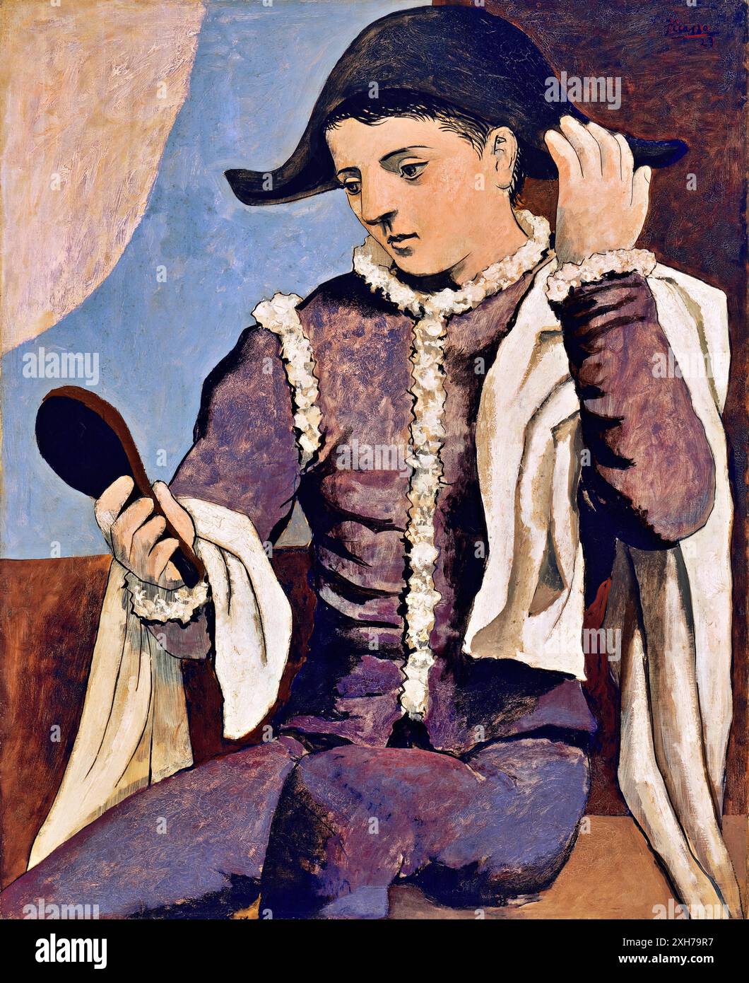 Arlequin avec un miroir, 1923 (peinture) par l'artiste Picasso, Pablo (1881-1973) espagnol. Illustration de Vecteur