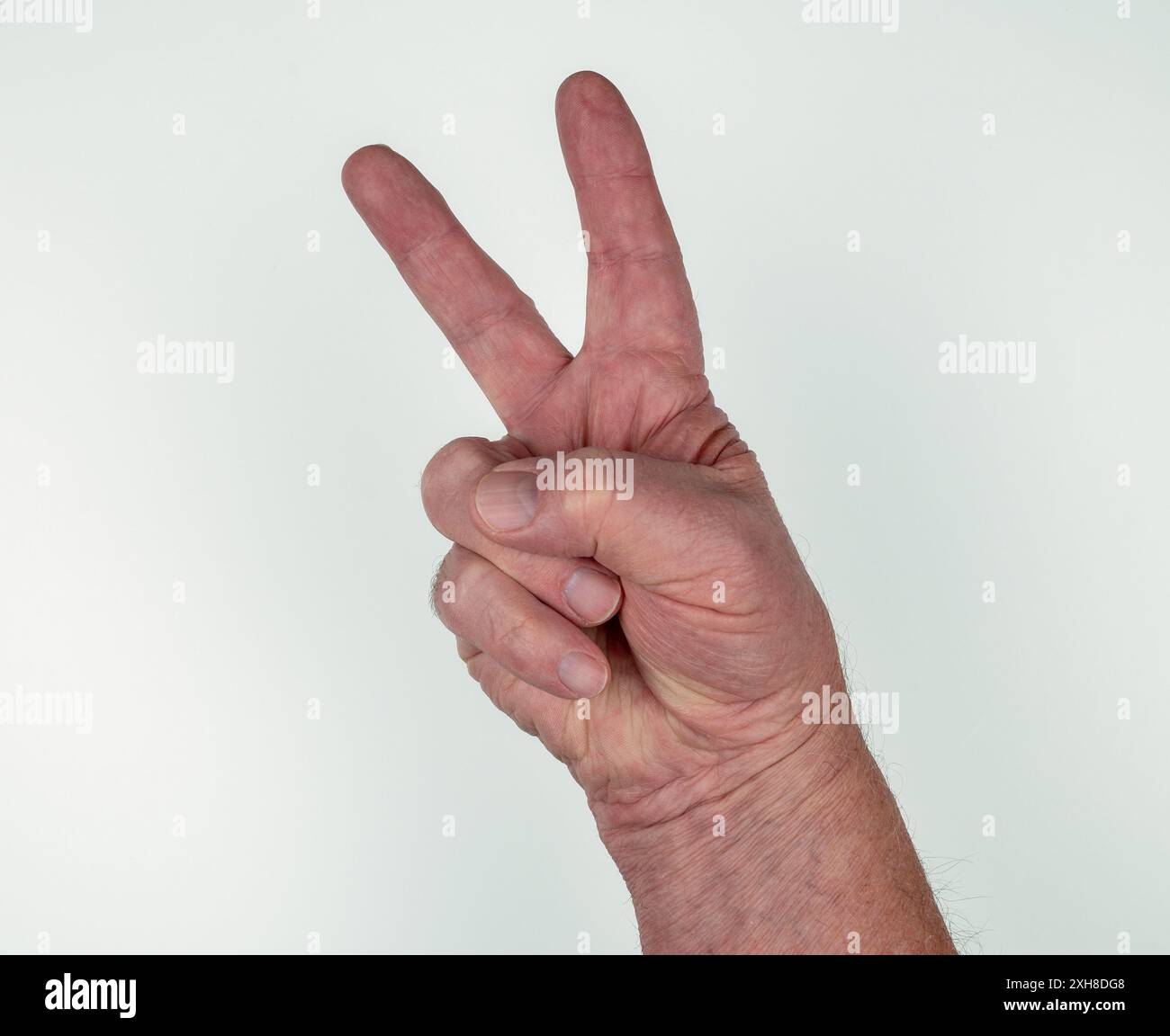 Main masculine caucasienne montrant le pouce et deux doigts séparés sur fond blanc comme indiquant le numéro deux ou signe de victoire ou de paix Banque D'Images