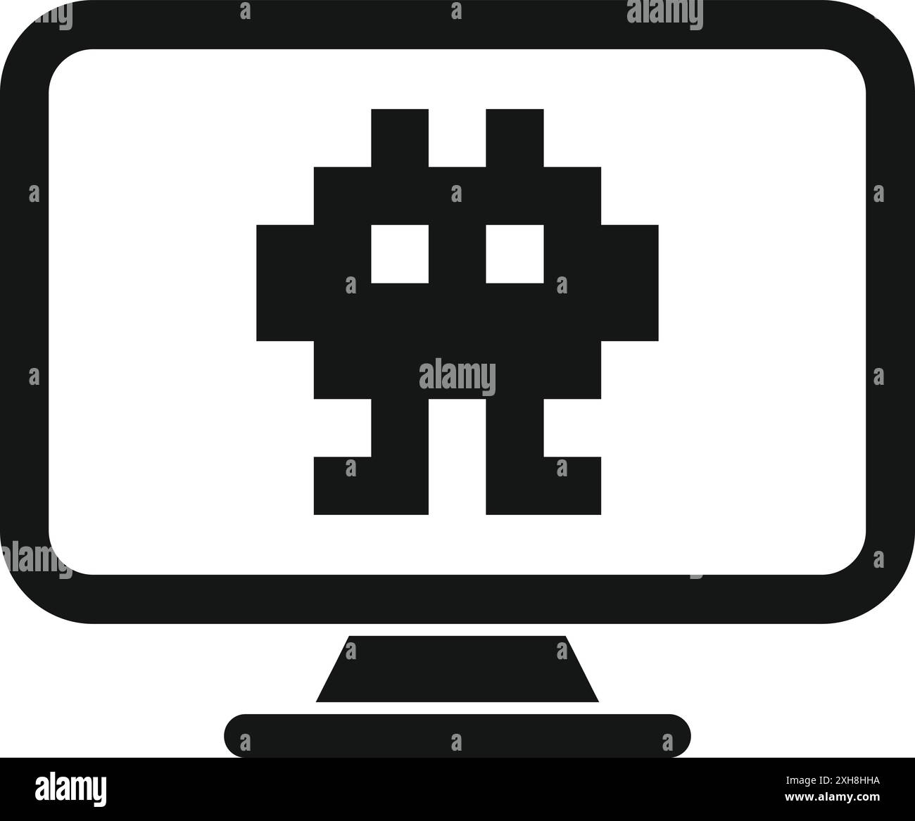 Icône noire et blanche d'un envahisseur extraterrestre pixélisé affichée sur un écran d'ordinateur, représentant le jeu en ligne et la cybersécurité Illustration de Vecteur