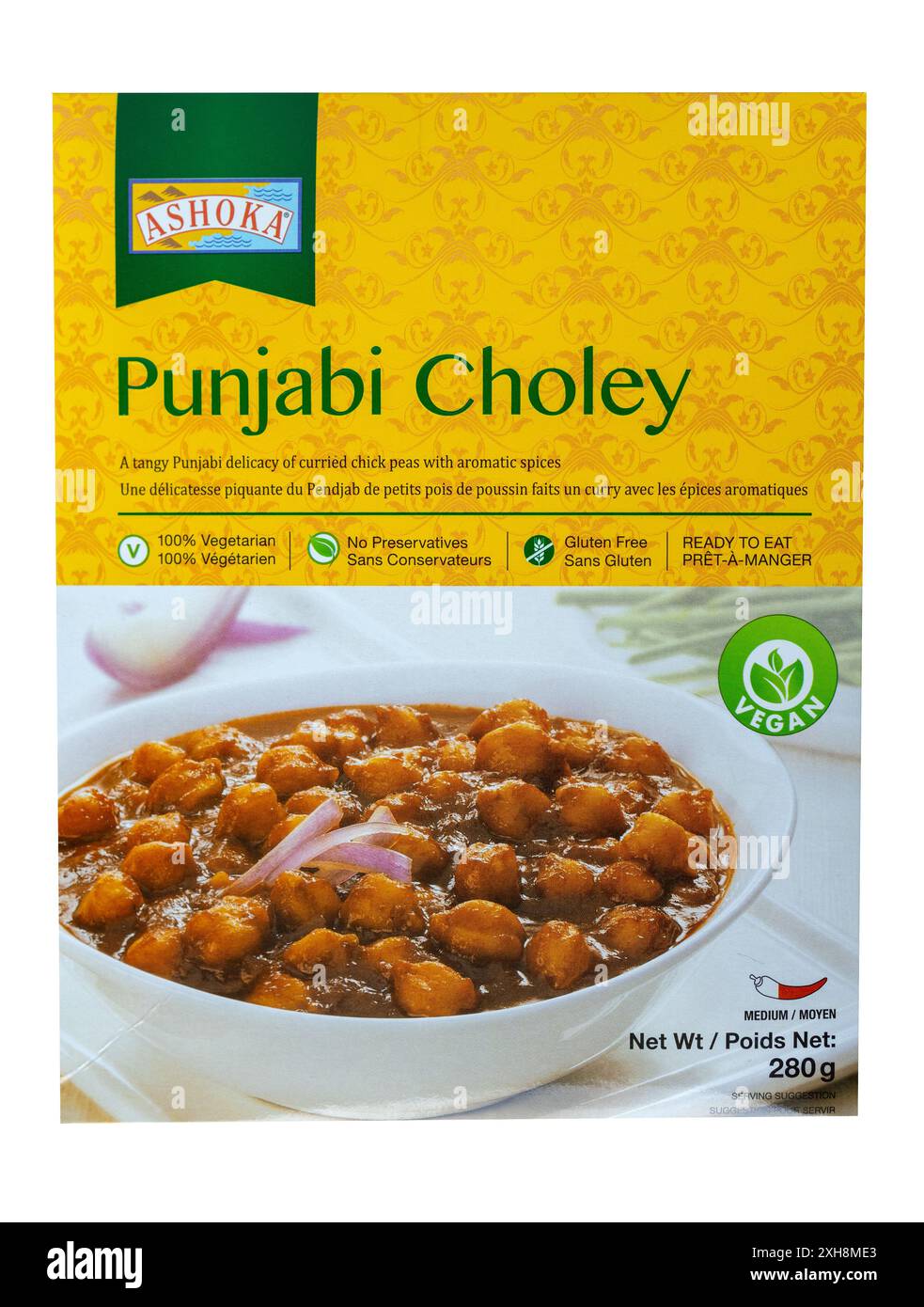 Ashoka Brand Punjabi Choley prêt curry indien prêt à manger repas repas indien du Nord, curry de pois chiches végétariens et ingrédients végétariens Banque D'Images